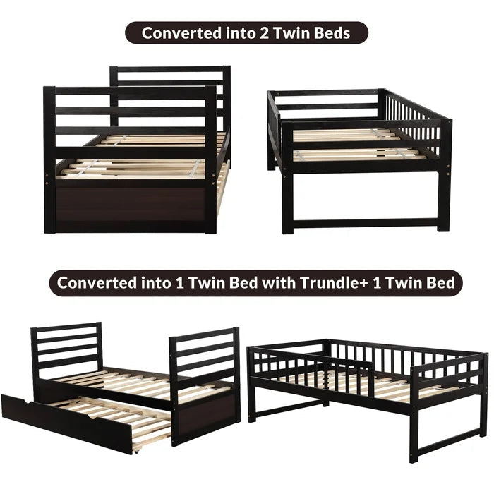 Twin Bunk Beds for Kids with Safety Rail and Trundle, Espresso