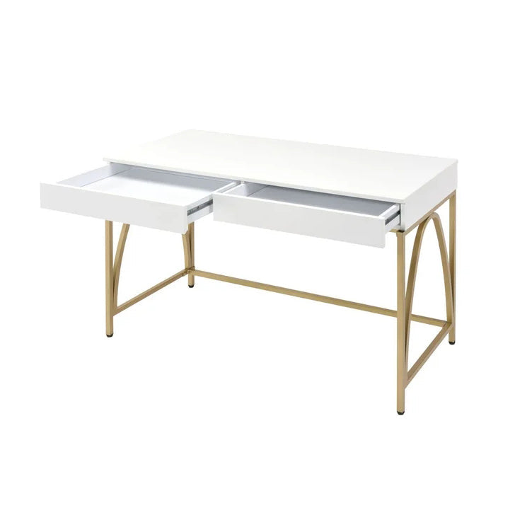 Home Office Computer Desk, White High Gloss & Gold