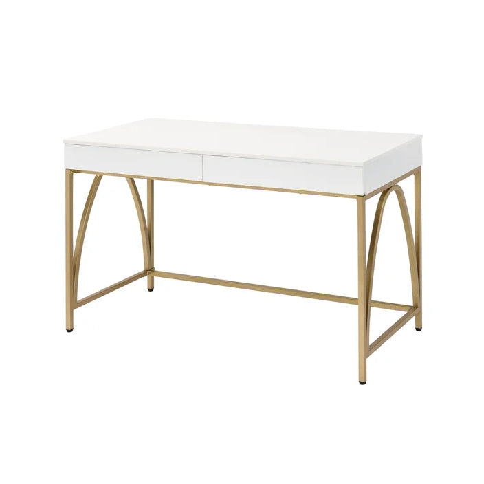 Home Office Computer Desk, White High Gloss & Gold