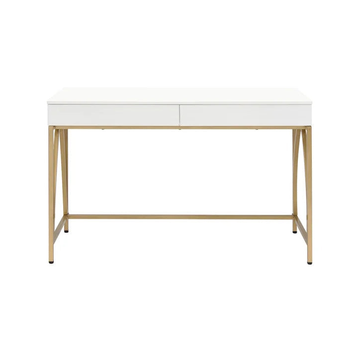 Home Office Computer Desk, White High Gloss & Gold