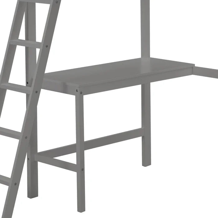 Twin Size Loft Bed with Desk and Two Ladders, Gray