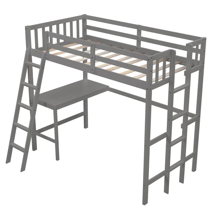 Twin Size Loft Bed with Desk and Two Ladders, Gray