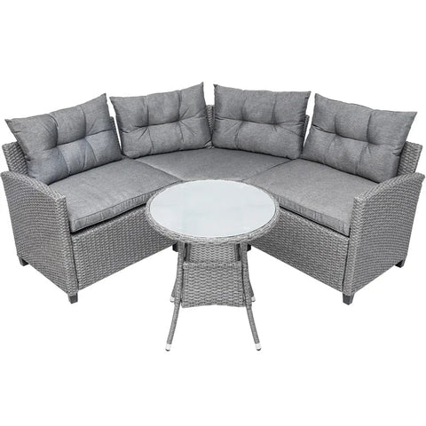 4Pcs Resin Wicker Patio Furniture Set with Round Table, Gray Cushions