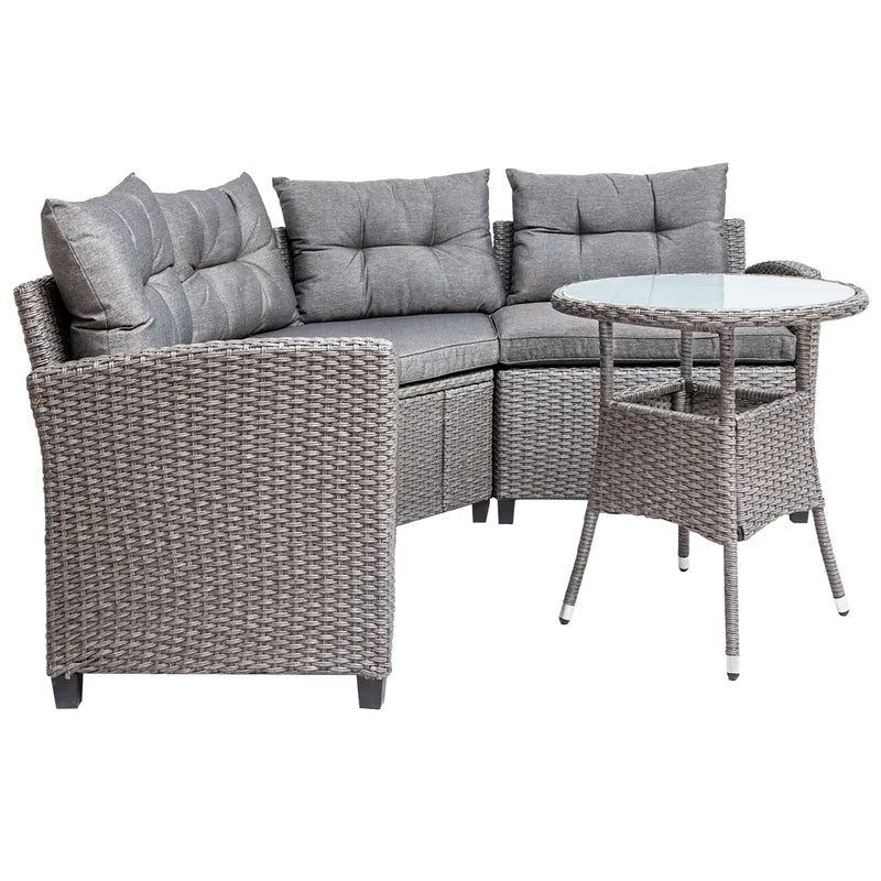4Pcs Resin Wicker Patio Furniture Set with Round Table, Gray Cushions