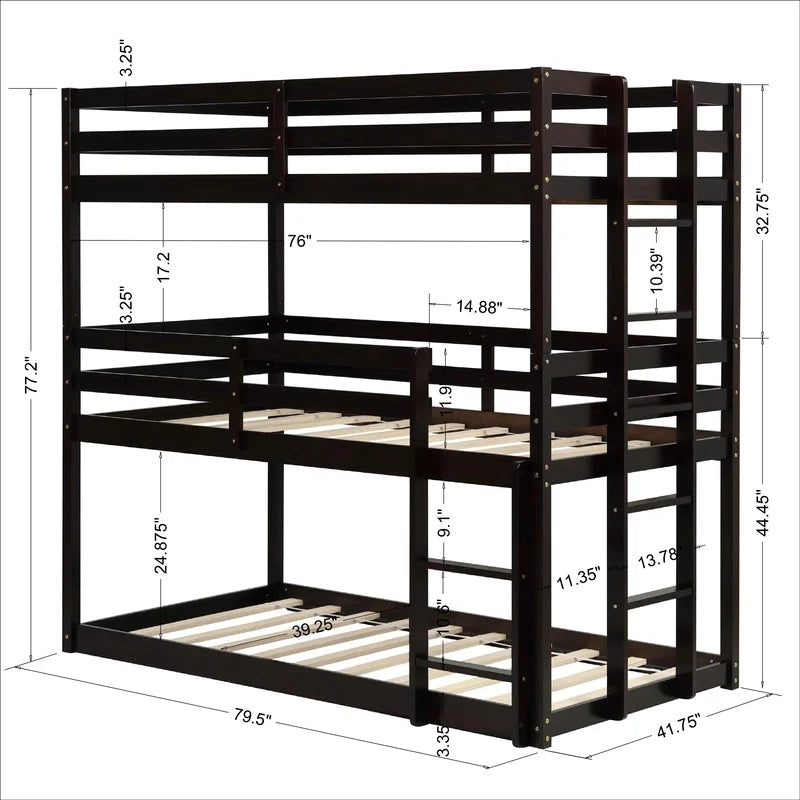 Detachable Twin Triple Bunk Bed with Ladders, Espresso