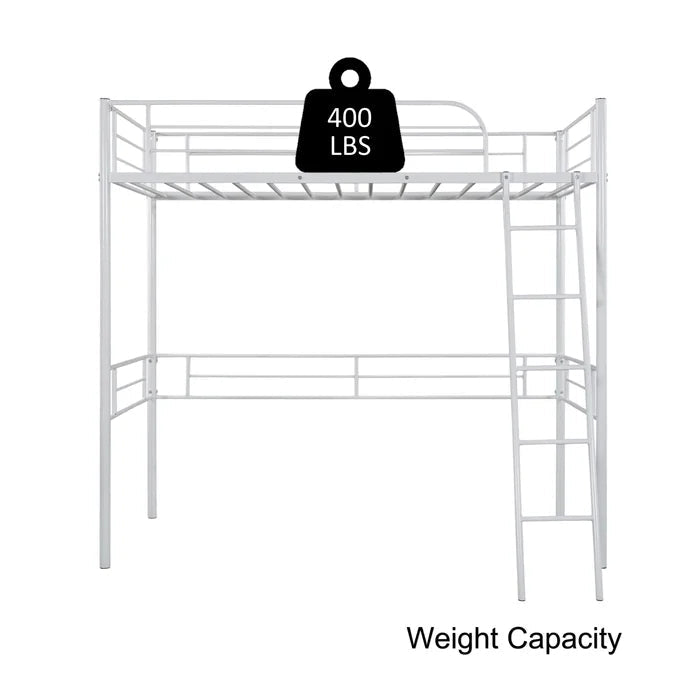 Metal Twin Loft Bed with Built-In Ladder, White