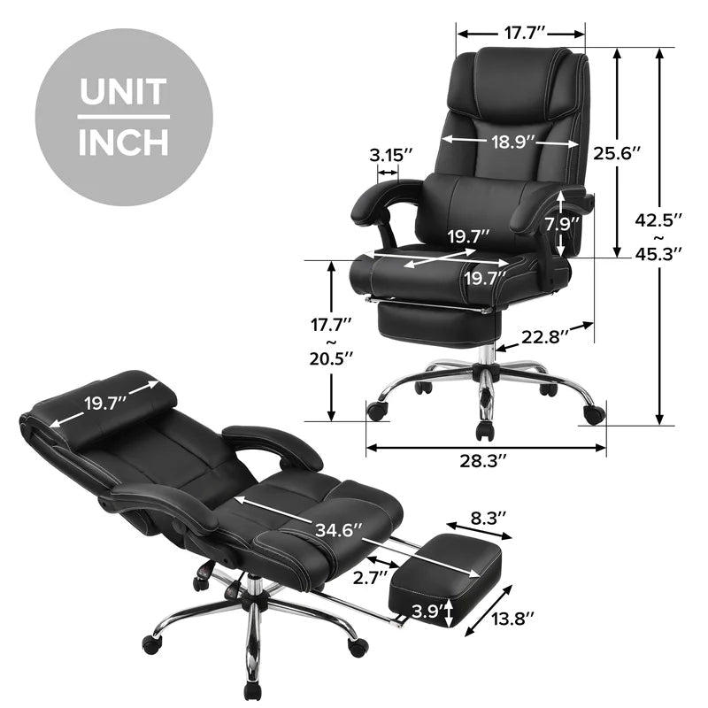 PU leather Office Chair Recliner with Double Padded, Black