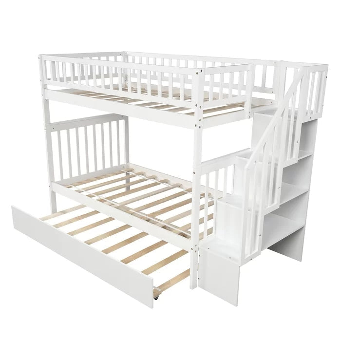 Twin over Twin Bunk Bed with Trundle and Storage Shelf, White