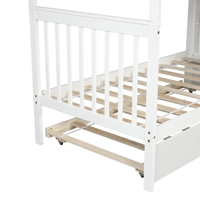 Twin over Twin Bunk Bed with Trundle and Storage Shelf, White