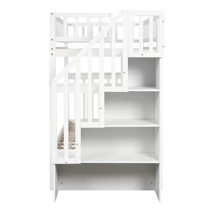 Twin over Twin Bunk Bed with Trundle and Storage Shelf, White