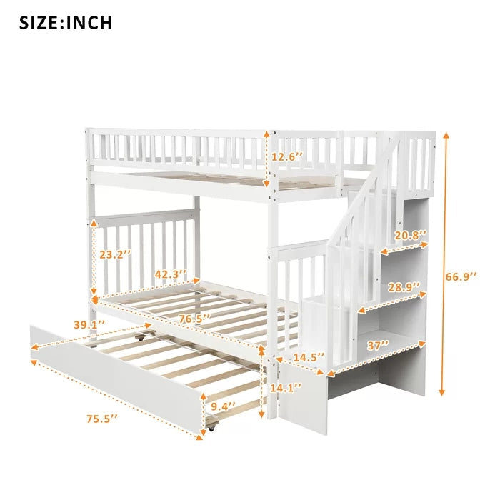 Twin over Twin Bunk Bed with Trundle and Storage Shelf, White