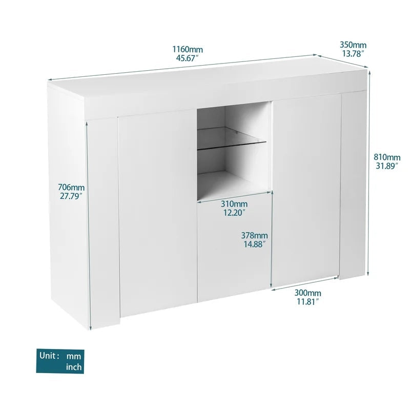 45.7'' Wide Solid Wood Sideboard Cabinet with LED Lights, White