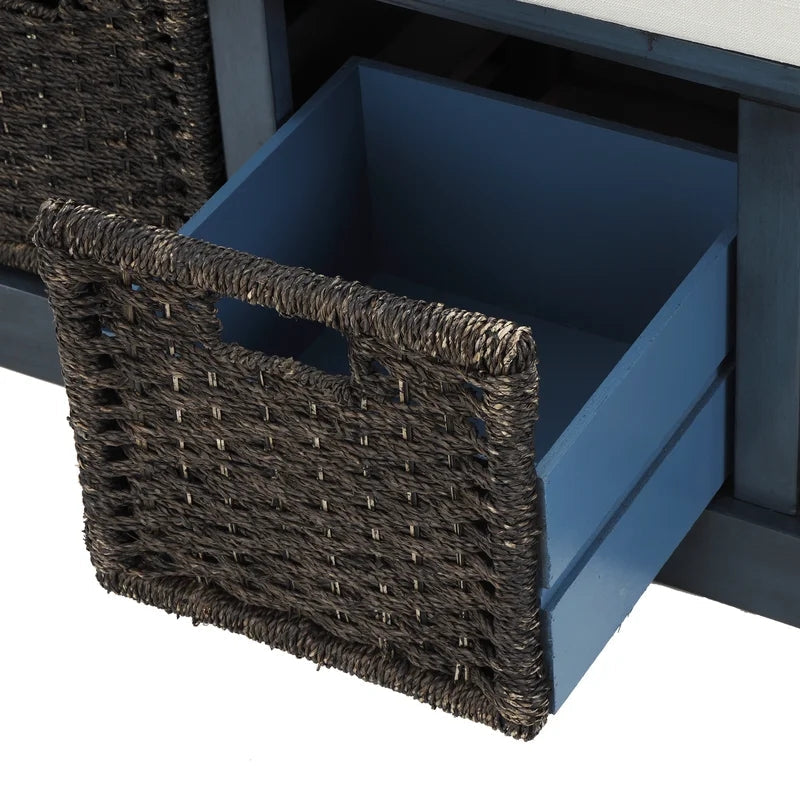Rustic Storage Bench with 3 Rattan Basket, Antique Navy