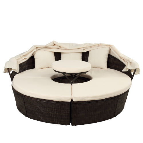 Patio Daybed Set Rattan Sunbed with Retractable Canopy, Beige