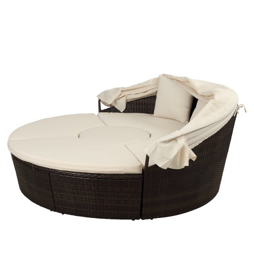 Patio Daybed Set Rattan Sunbed with Retractable Canopy, Beige