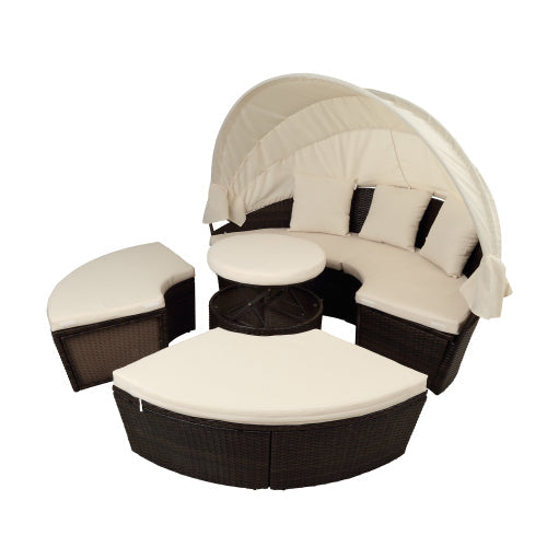 Patio Daybed Set Rattan Sunbed with Retractable Canopy, Beige