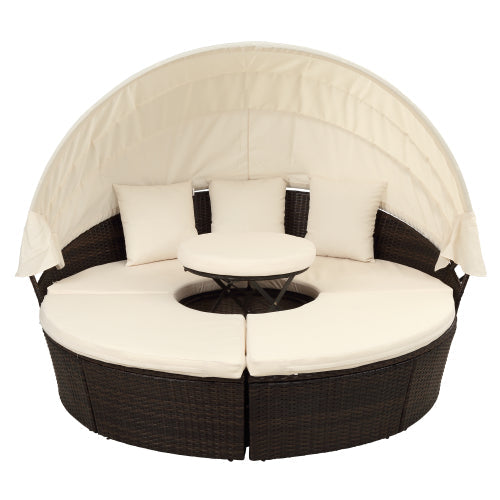 Patio Daybed Set Rattan Sunbed with Retractable Canopy, Beige