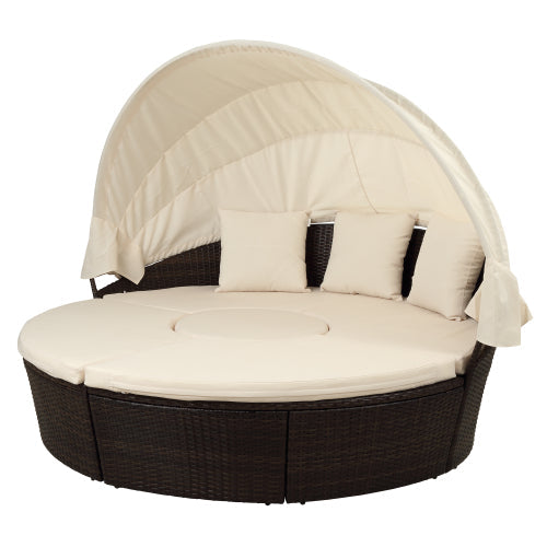 Patio Daybed Set Rattan Sunbed with Retractable Canopy, Beige