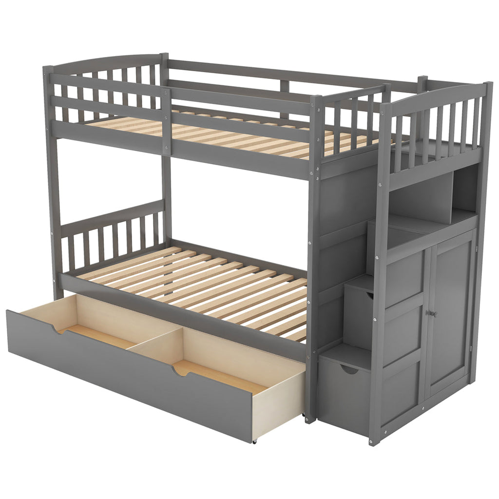 Twin over Full/Twin Bunk Bed with Storage Stairs and Drawers and Cabinet