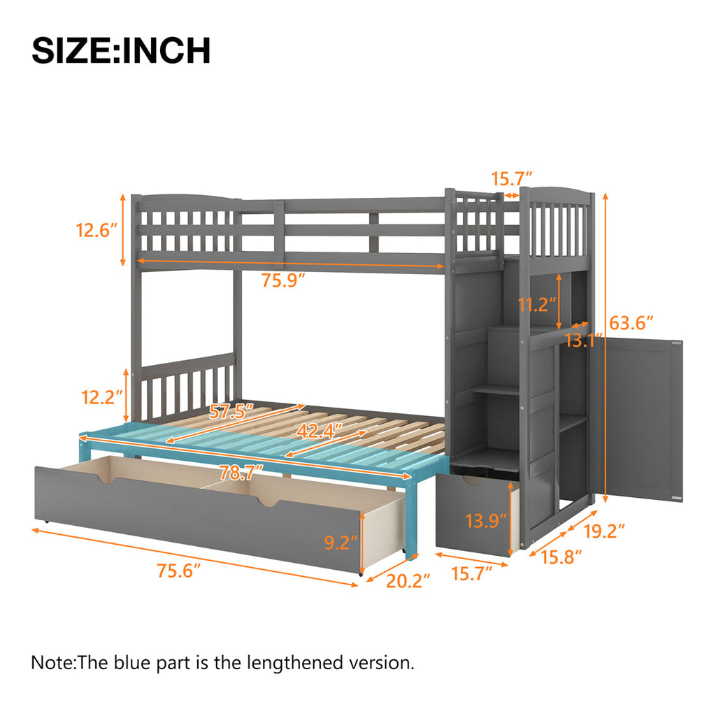 Twin over Full/Twin Bunk Bed with Storage Stairs and Drawers and Cabinet