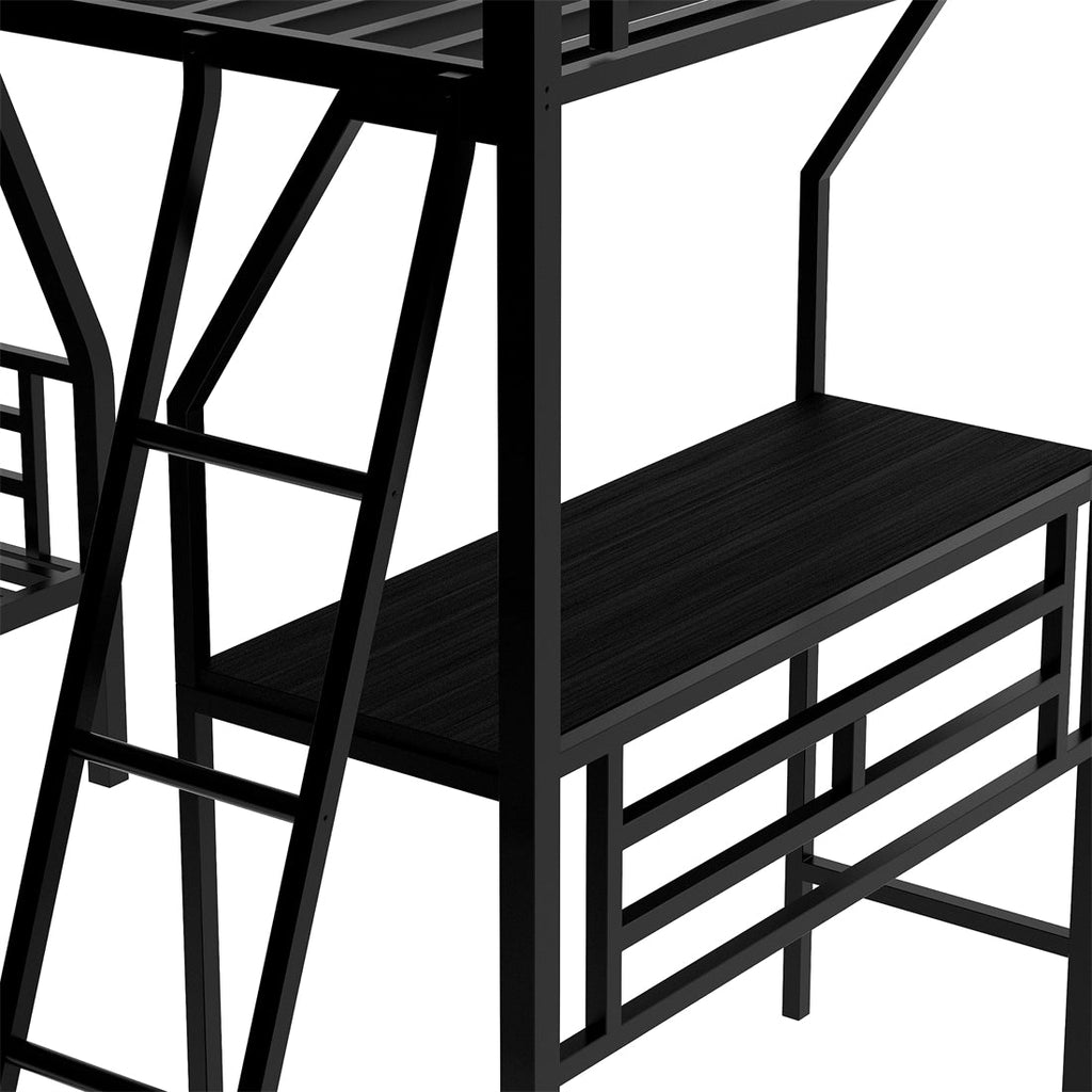 Twin over Full Bunk Bed with a Twin Size Loft Bed attached and Desk, Metal, Black