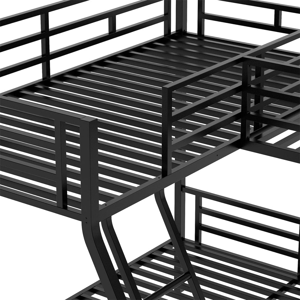 Twin over Full Bunk Bed with a Twin Size Loft Bed attached and Desk, Metal, Black