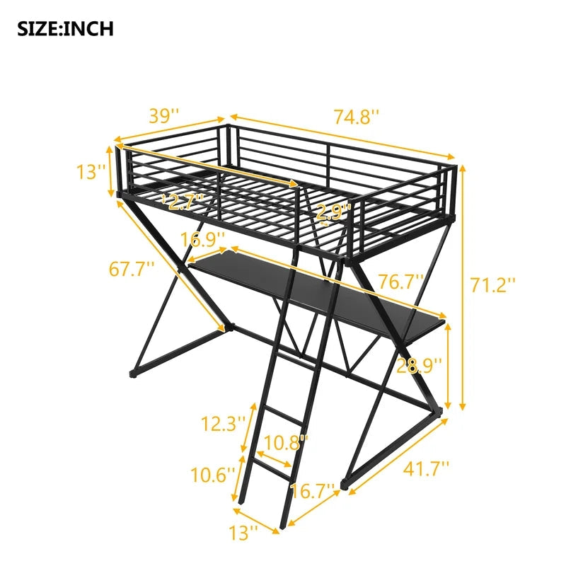 X-Shaped Twin Loft Bed with Built-in-Desk, Black