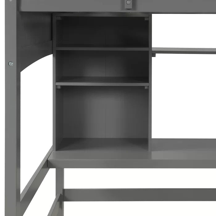 Twin size Loft Bed with Storage Shelves, Desk and Ladder, Gray