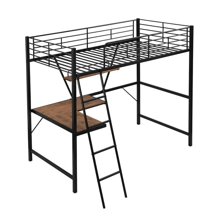 Metal Loft Bed with L-shaped Desk and Shelf, Black