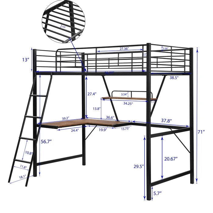Metal Loft Bed with L-shaped Desk and Shelf, Black