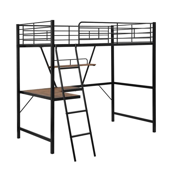 Metal Loft Bed with L-shaped Desk and Shelf, Black
