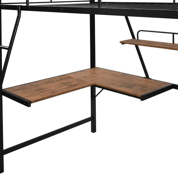 Metal Loft Bed with L-shaped Desk and Shelf, Black