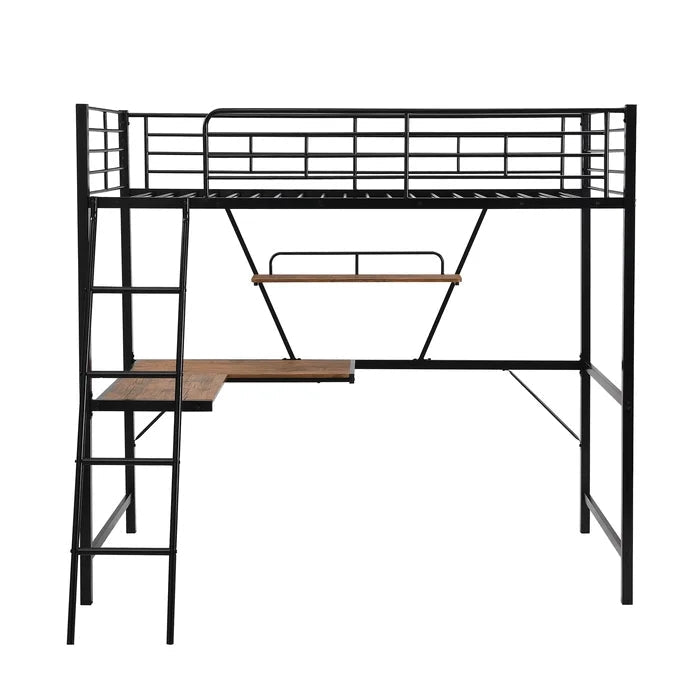 Metal Loft Bed with L-shaped Desk and Shelf, Black