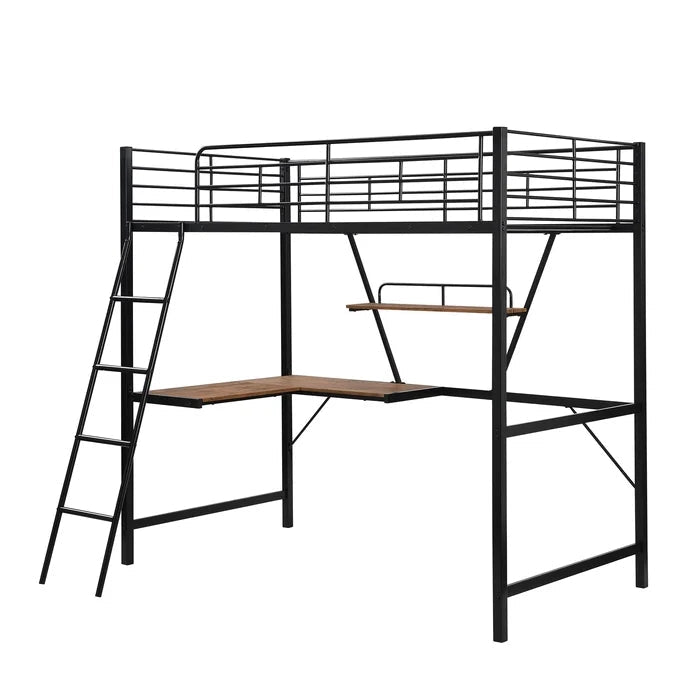 Metal Loft Bed with L-shaped Desk and Shelf, Black