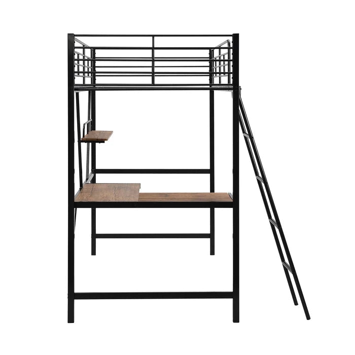Metal Loft Bed with L-shaped Desk and Shelf, Black