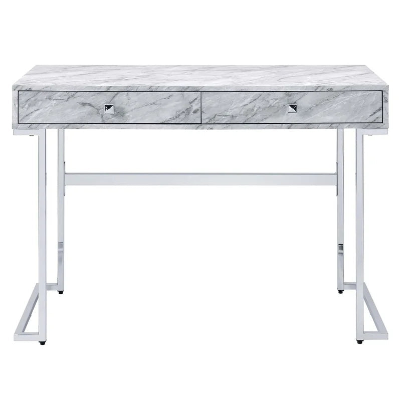 Writing Desk, White Printed Faux Marble & Chrome Finish