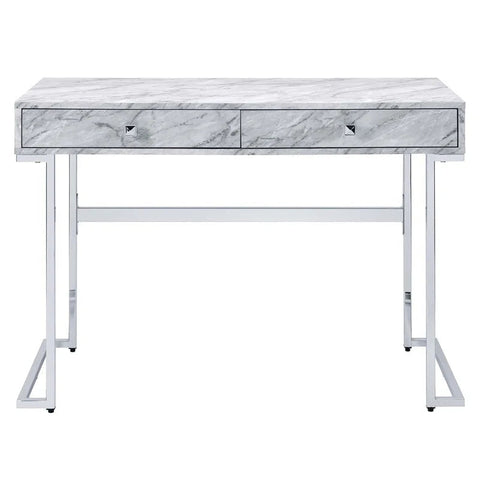 Writing Desk, White Printed Faux Marble & Chrome Finish