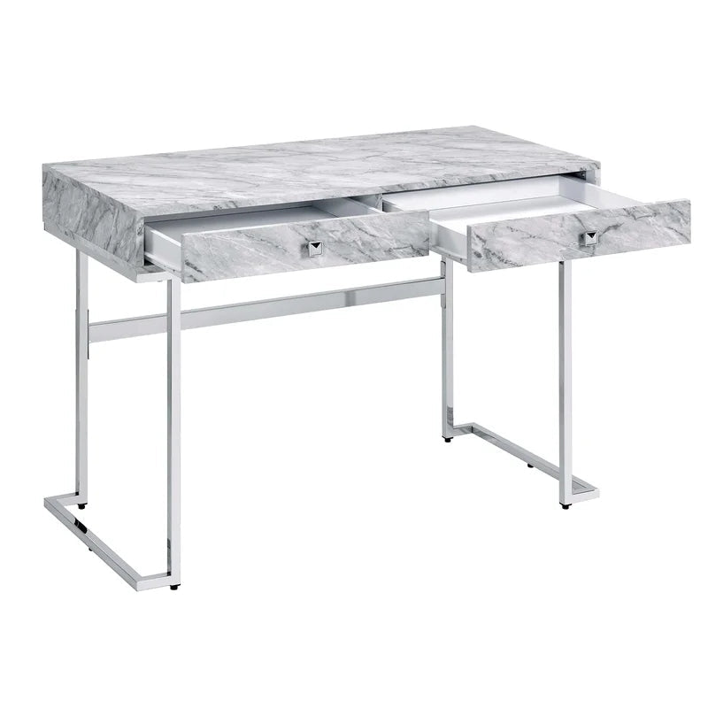 Writing Desk, White Printed Faux Marble & Chrome Finish