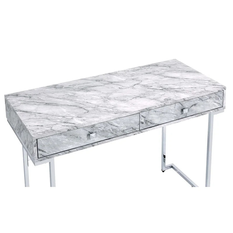 Writing Desk, White Printed Faux Marble & Chrome Finish