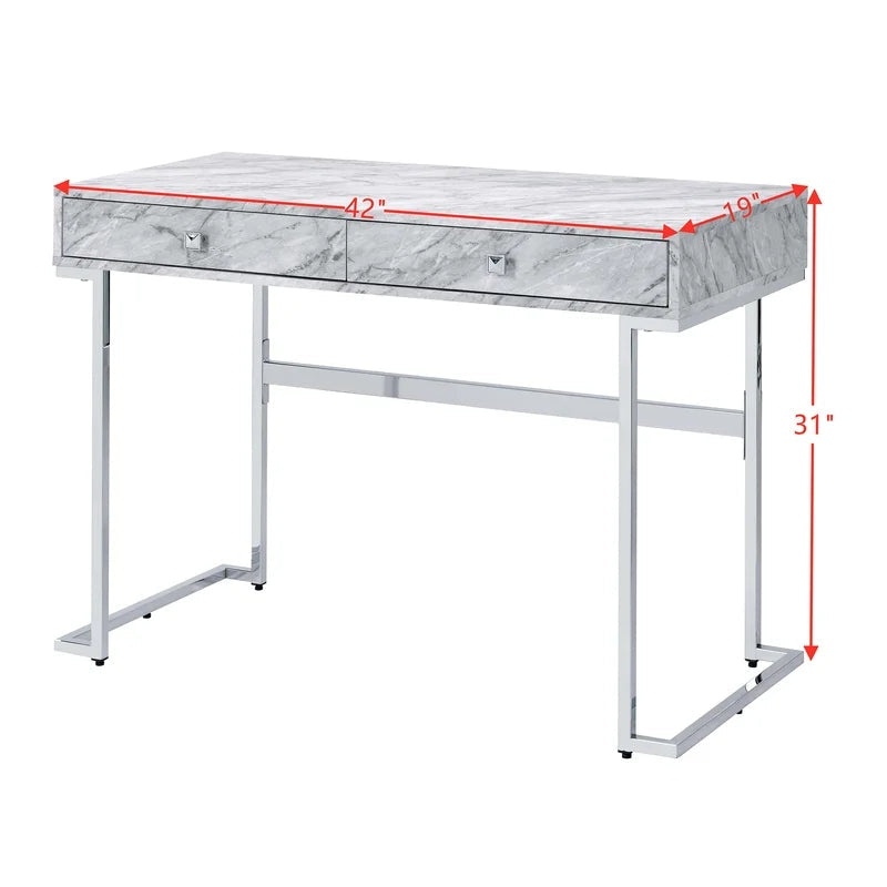 Writing Desk, White Printed Faux Marble & Chrome Finish