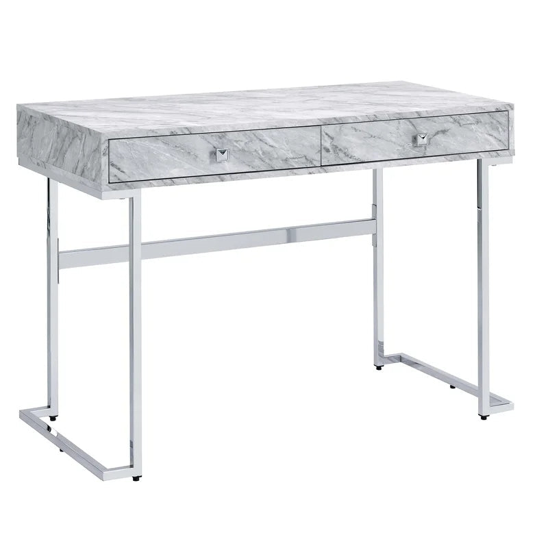 Writing Desk, White Printed Faux Marble & Chrome Finish