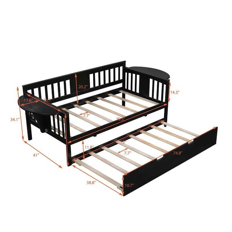 Twin Wooden Daybed Sofa Bed with Trundle, Espresso