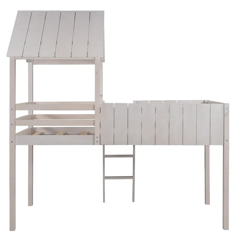 Twin Size Loft Bed Wood House Bed With Roof, White