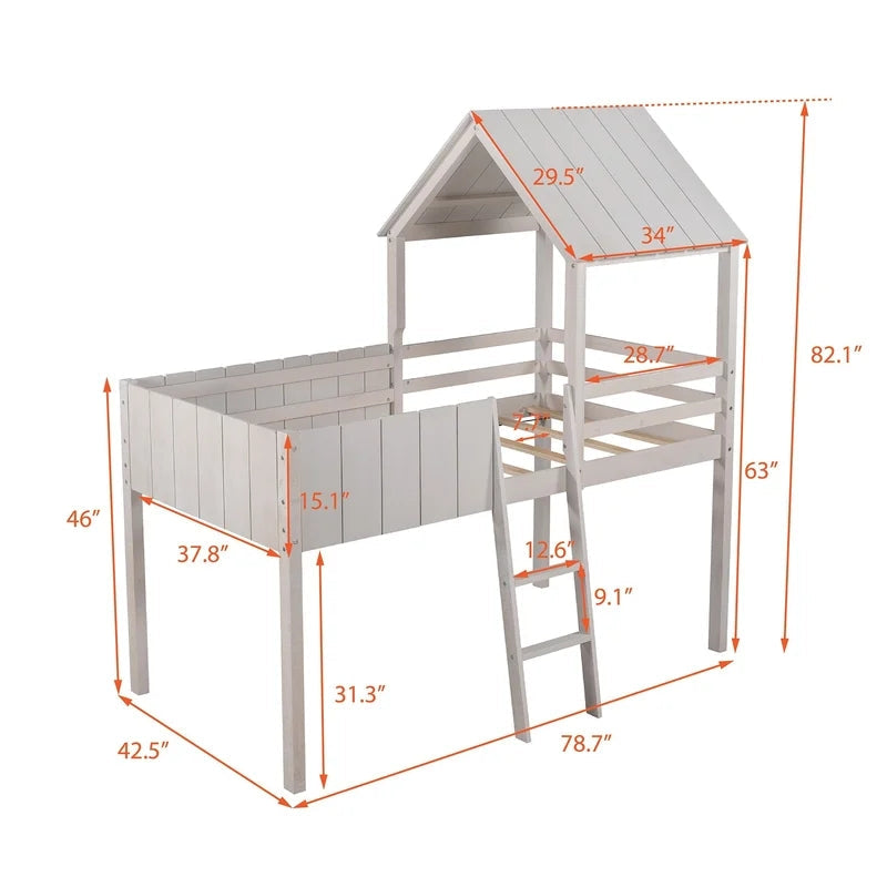 Twin Size Loft Bed Wood House Bed With Roof, White