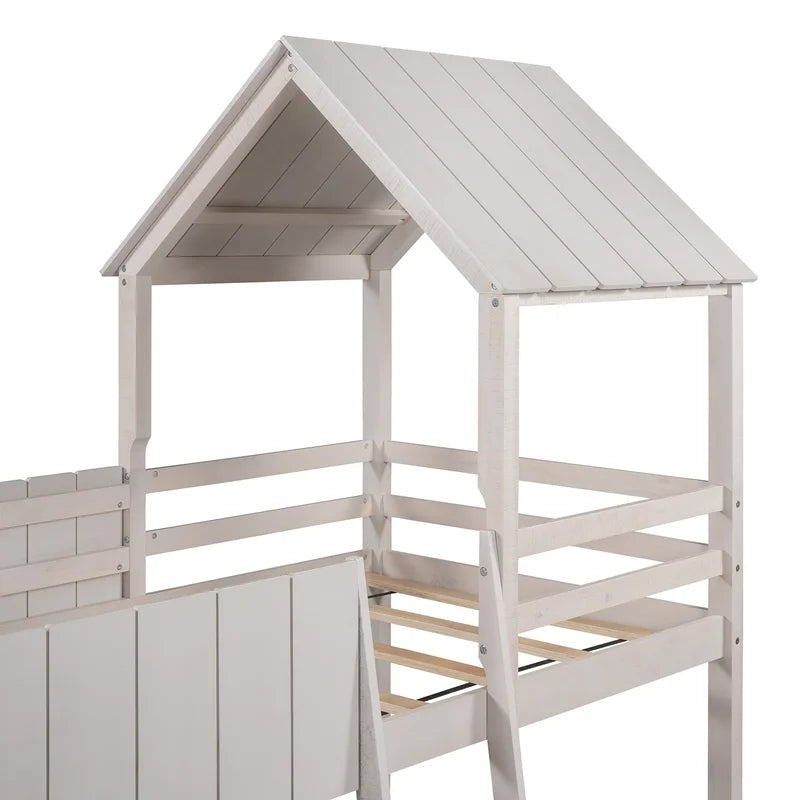 Twin Size Loft Bed Wood House Bed With Roof, White