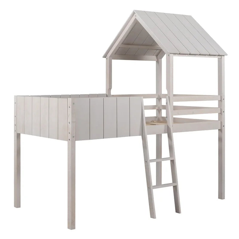 Twin Size Loft Bed Wood House Bed With Roof, White