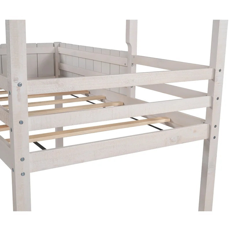 Twin Size Loft Bed Wood House Bed With Roof, White