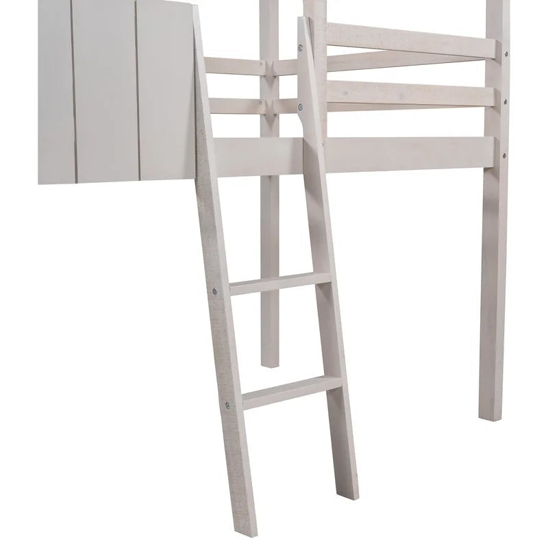 Twin Size Loft Bed Wood House Bed With Roof, White