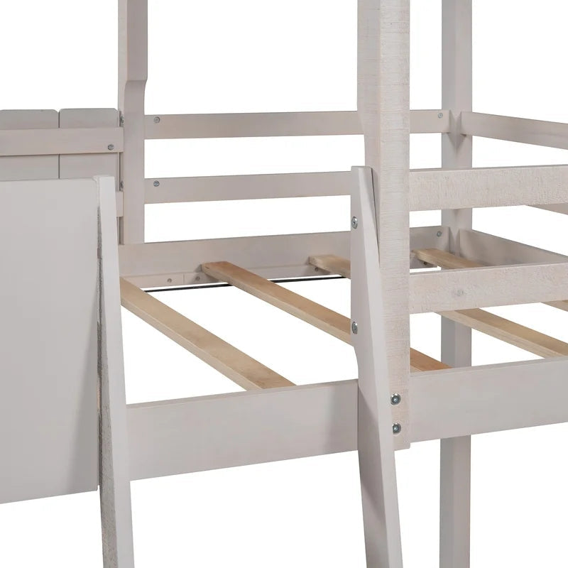 Twin Size Loft Bed Wood House Bed With Roof, White
