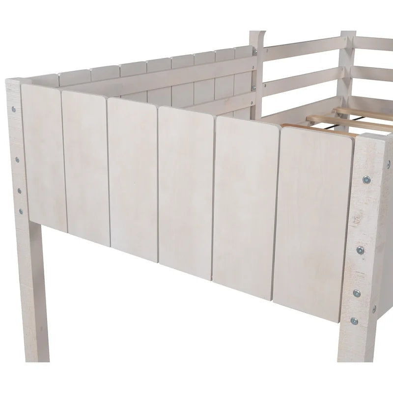 Twin Size Loft Bed Wood House Bed With Roof, White